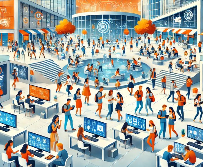 ChatGPT-generated image showing technology use on a college campus