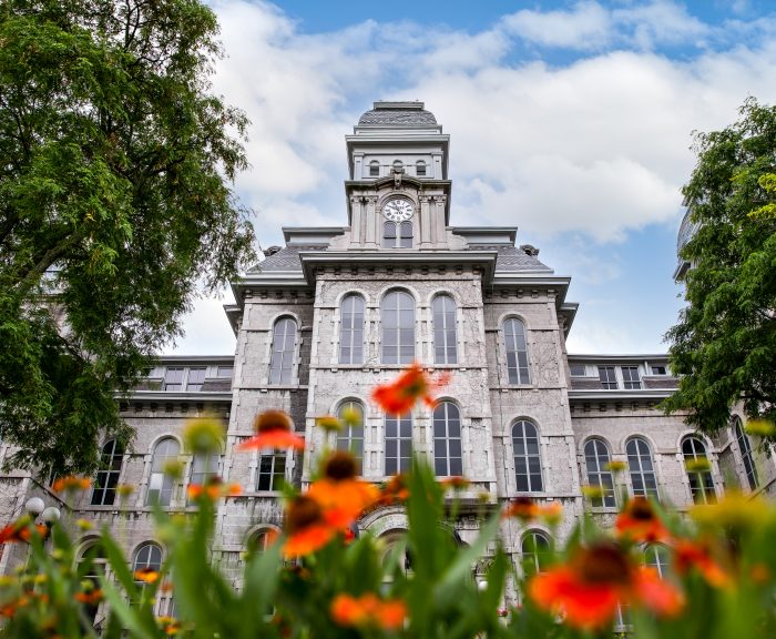 Orange flowers grow in front of the Hall of Languages on a Summer Day.